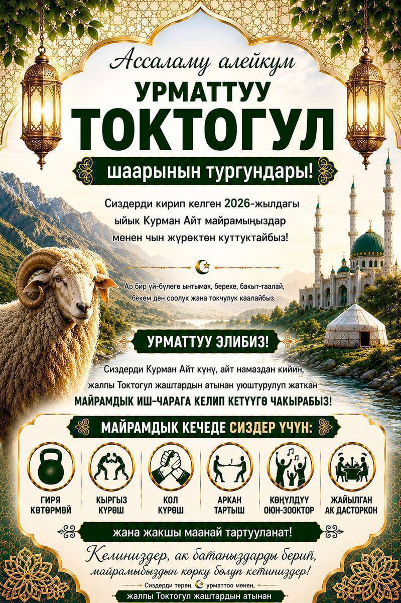 Токтогул шаарынын тургундары!
Келе жаткан ыйык Курман Айт майрамыңыздар менен куттуктайбыз! 📅 27-май күнү шаар тургундары жана коноктор үчүн майрамдык иш-чаралар уюштурулат.
🎈 Балдар үчүн майрамдык оюн-зоок
🕘 Саат 09:00дө
📍 Борбордук аянтта:
чуркоо,
топ тебүү,
сүрөт тартуу,
жана башка кызыктуу оюндар өткөрүлөт.
Балдарыңыздарды күтөбүз!
🎉 Майрамдык иш-чаранын ачылышы
🕚 Саат 11:00дө
📍 Борбордук паркта майрамдык иш-чаранын расмий ачылышы болот.
Балдар үчүн:
конкурстар,
белектер,
балмуздактар таратылат.
♟️ Шахмат турнири
🕘 Саат 09:00дө
📍 Бөкөнбаев мектебинде шахмат турнири өтөт.
📞 Байланыш телефону: 0706 670 121
🌸 Аялдар үчүн майрамдык программа
🕧 Саат 12:30да
📍 Маданият үйүнүн тушундагы жашыл аянтта аялдар үчүн атайын майрамдык программа уюштурулат.
Апаларга, эже-карындаштарга белектер даярдалган.
🤼‍♂️ Спорттук мелдештер
🕔 Саат 17:00дө
📍 Борбордук аянтта:
кыргыз күрөш,
кол күрөш,
аркан тартыш,
гиря көтөрүү оюндар өткөрүлөт.
Кыргыз күрөш боюнча байгелер:
🥇 1-орун — 10 000 сом
🥈 2-орун — 7 000 сом
🥉 3-орун — 3 000 сом
Ачык асманда    тамактанып Иш чарага барыныздар күбө  бөлүп кетиңиздер ...