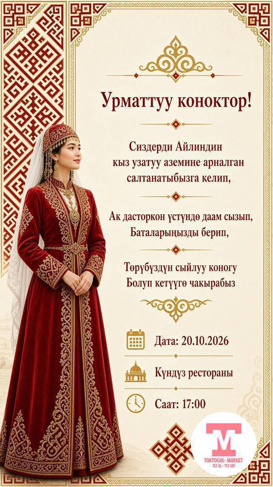 🎉 ТОЙГО ӨЗГӨЧӨ ЧАКЫРУУ! 🎉

Эми тойго чакырууңуз жөн гана сүрөт эмес, өзүңүздөрдүн сүрөтүңүздөр менен кооз дизайнда болсун! 🤍

📸 Өзүңүздөрдүн сүрөтүңүздөр менен
✨ Кооз фото-чакыруу
🎬 Сүрөткө анимация кошуп, жандуу видео-чакыруу жасап берем!

Болгону 100 сом 💥

💍 Үйлөнүү үлпөт той
👰 Кыз узатуу
🏠 Үй той
👶 Бешик той
✂️ Сүннөт той
🎉 Жана башка салтанаттарга

Сиз сүрөтүңүздү жана керектүү маалыматтарды жөнөтөсүз — мен сиз үчүн өзгөчө чакыруу жасап берем 💌